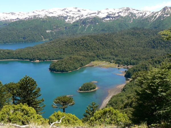 Panorámica de la Reserva Biológica Huilo Huilo con lagos, bosques y cordillera nevada